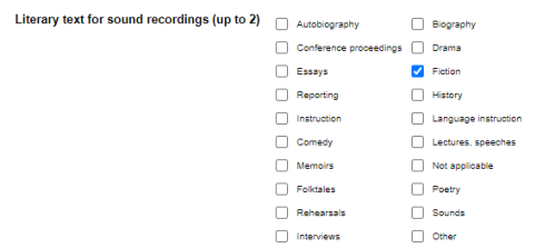 MARC record Literary text for sound recordings checkboxes.